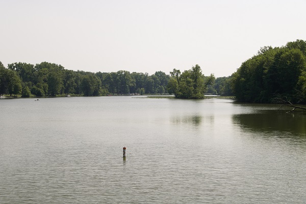 View accross a tree-lined lake with an island and a buoy in it